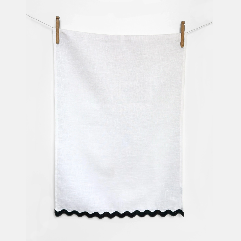 Linen Way Tea Towel Ondine - Off White with Black Wavy Trim
