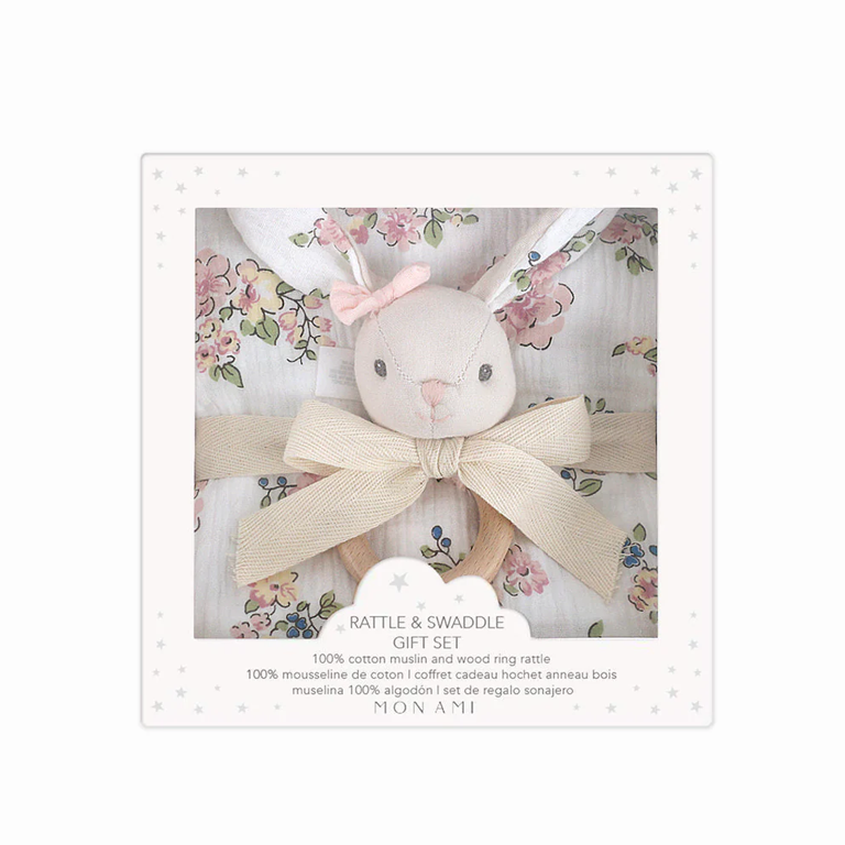 Mon Ami Rattle & Swaddle Gift Set - French Floral Bunny