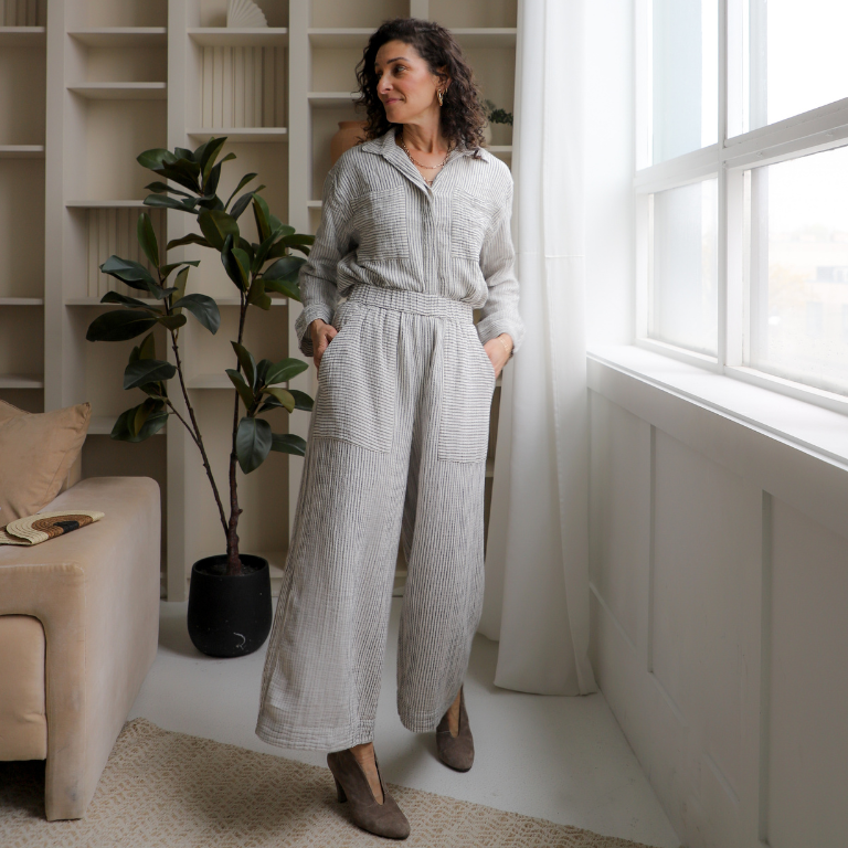 Pokoloko Crinkle Pocketed Pants - Striped