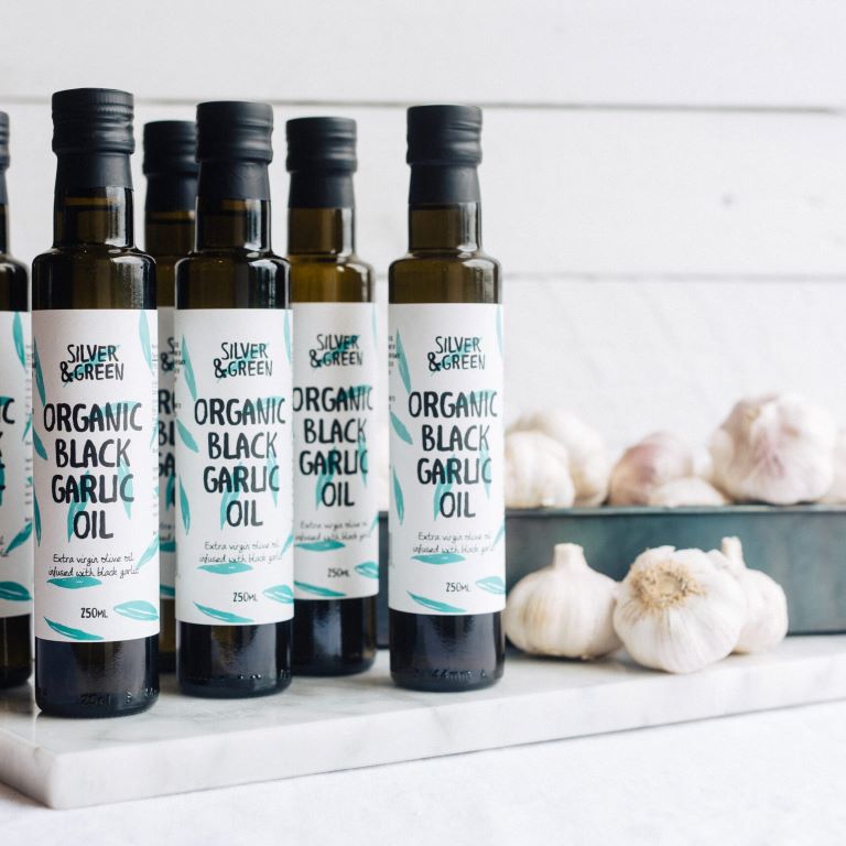 Silver and Green Organic Black Garlic Olive Oil