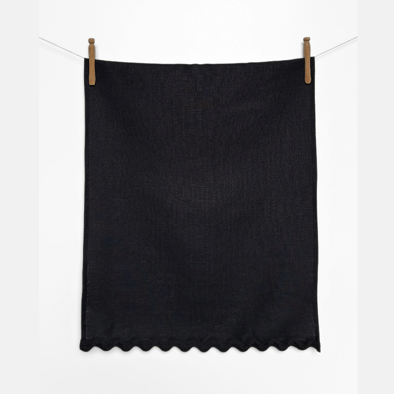 Linen Way Tea Towel Ondine -  Black with Black Wavy Trim