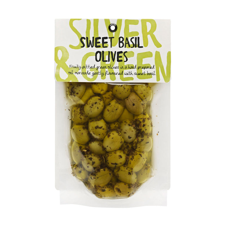 Silver &amp; Green Olives - Sweet Basil
