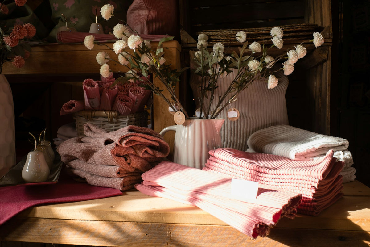 Pink and white linens and flowers displayed on boutique shelves