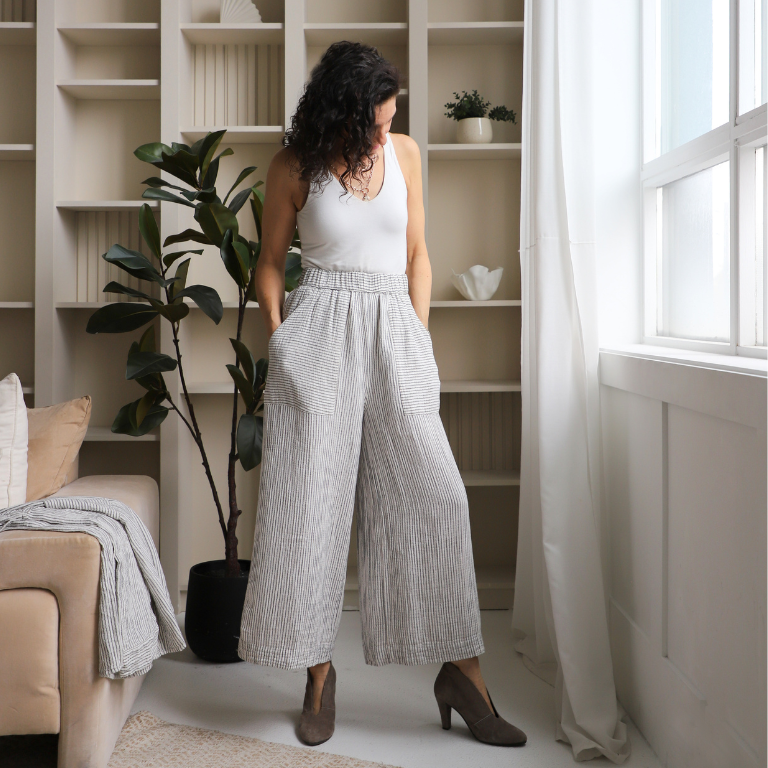 Pokoloko Crinkle Pocketed Pants - Striped