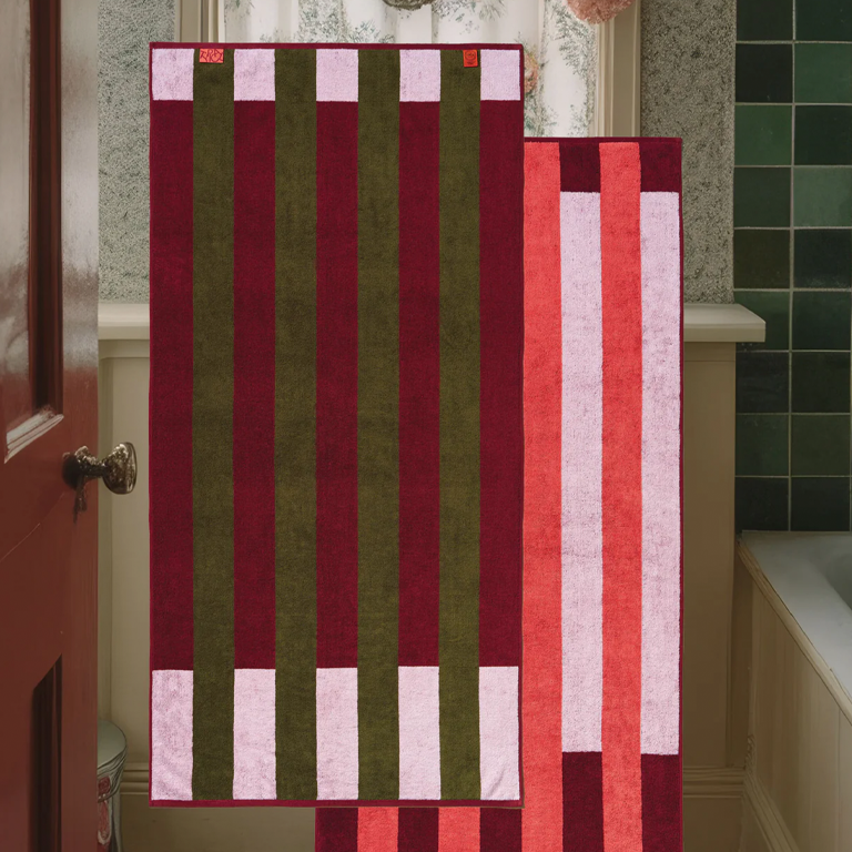 Typical Bath Towel - Offset Stripe Petal Pink, Cabernet Burgundy and Moss Green