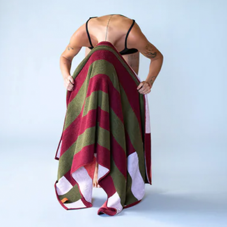 Typical Bath Towel - Offset Stripe Petal Pink, Cabernet Burgundy and Moss Green