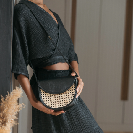 Pokoloko Leather Bag with Cane Accent - Half Moon Black