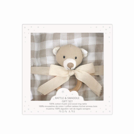 Mon Ami Rattle & Swaddle Gift Set - Gingham Bear