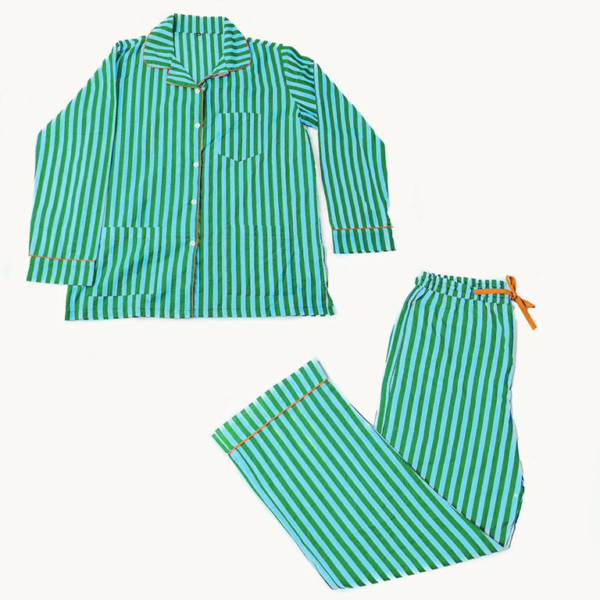 Ink&Alloy Bonnie Pajama Set – Green & Turquoise Stripe