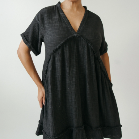 Pokoloko Crinkle Ruffled V Dress - Black