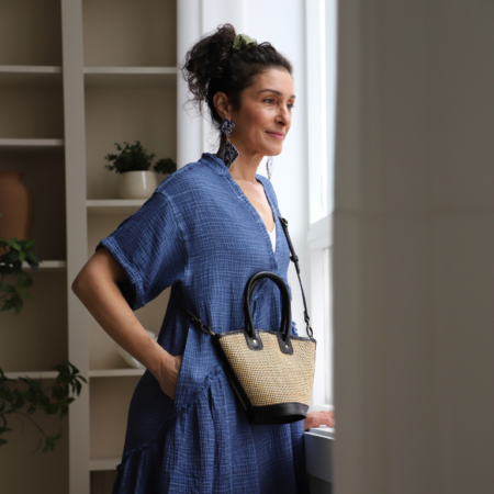 Pokoloko Crossbody Leather Bag - Mata Handled with Cane Accent Black