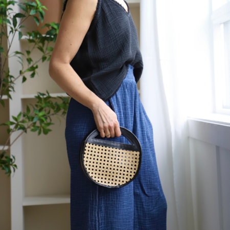 Pokoloko Round Leather Bag with Cane Accent - Black