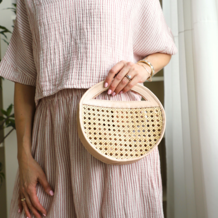 Pokoloko Round Leather Bag with Cane Accent - Cream